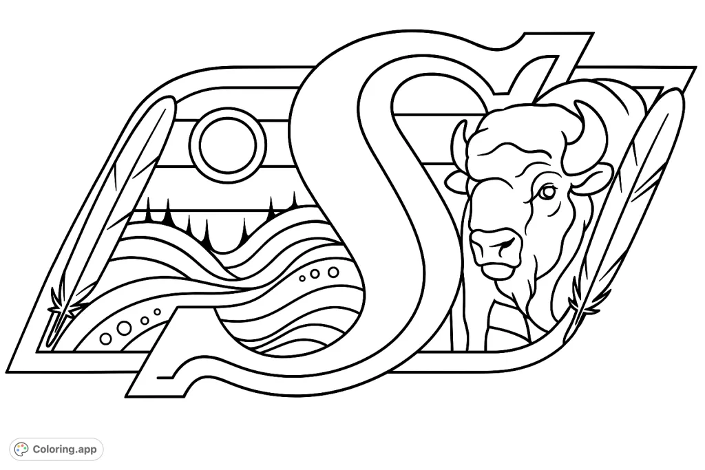 Color a striking emblem featuring a majestic bison, rolling landscapes, and feathers, all framed within a unique 'S' shape. A nature-inspired design.