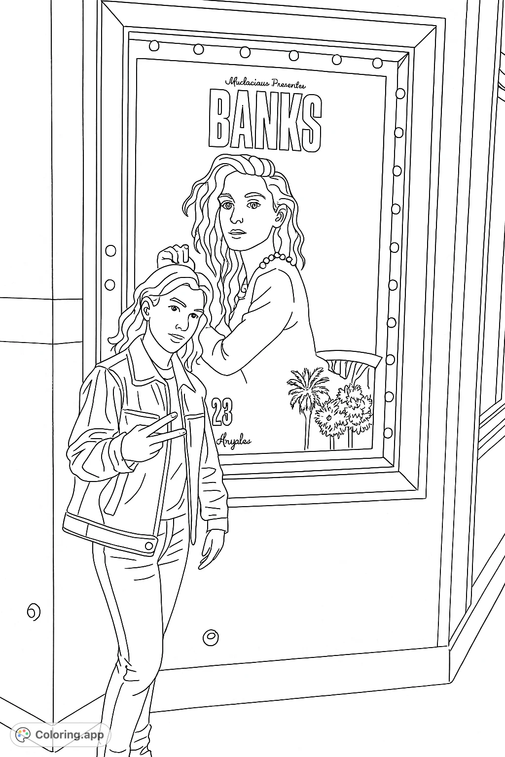 A stylish individual poses next to a concert poster featuring a prominent artist and palm trees, offering a cool urban scene for creative coloring.