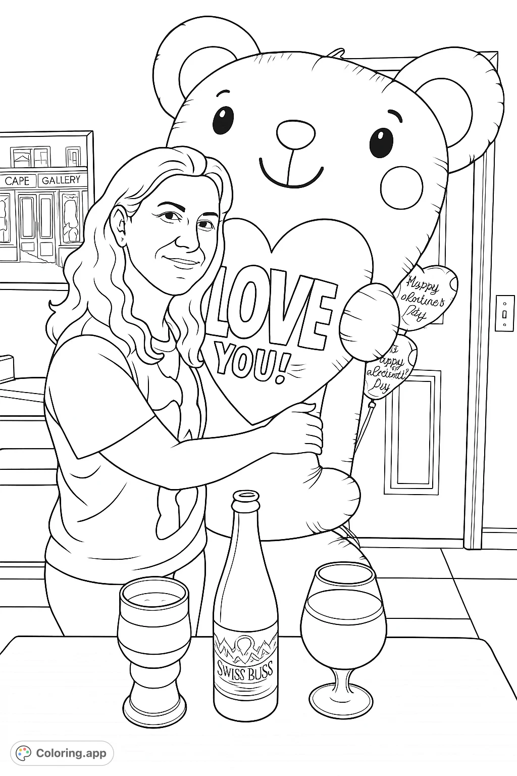A joyful woman embraces a giant teddy bear balloon holding a 'LOVE YOU!' heart, with festive balloons and beverages in a cozy setting. Perfect for celebrating love!