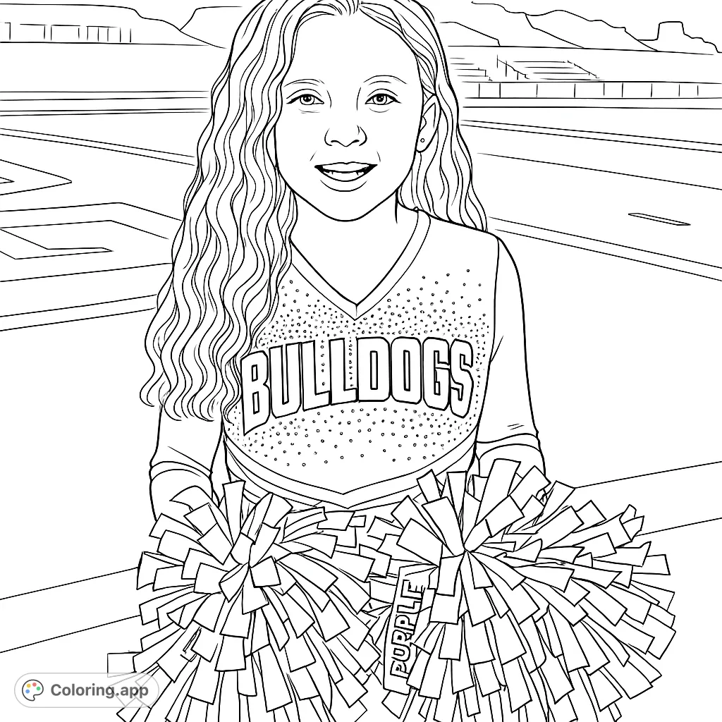 A cheerful young cheerleader stands proudly on a sports field, holding two fluffy pom-poms. Perfect for sports fans and aspiring cheerleaders!