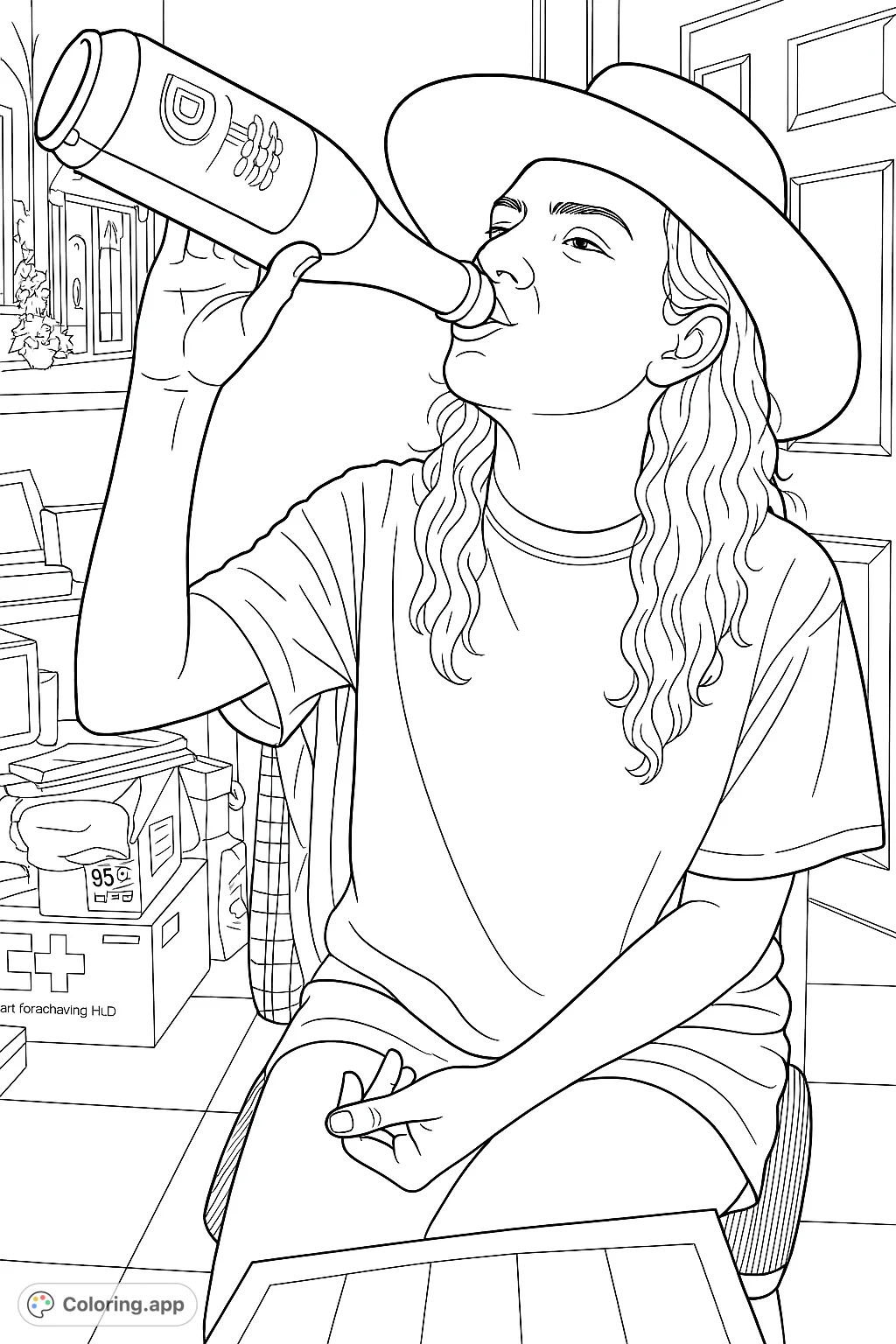 A unique coloring page featuring a person in a hat enjoying a drink from a specially designed bottle, set against a detailed indoor background.