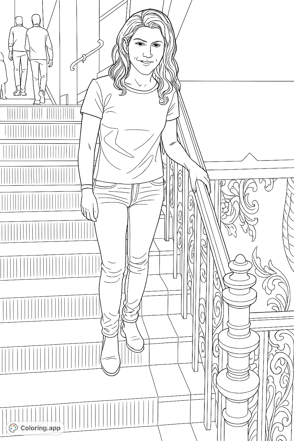 A stylish woman poses on an ornate staircase, featuring intricate patterns on the wall and a decorative handrail. A sophisticated scene for creative coloring.