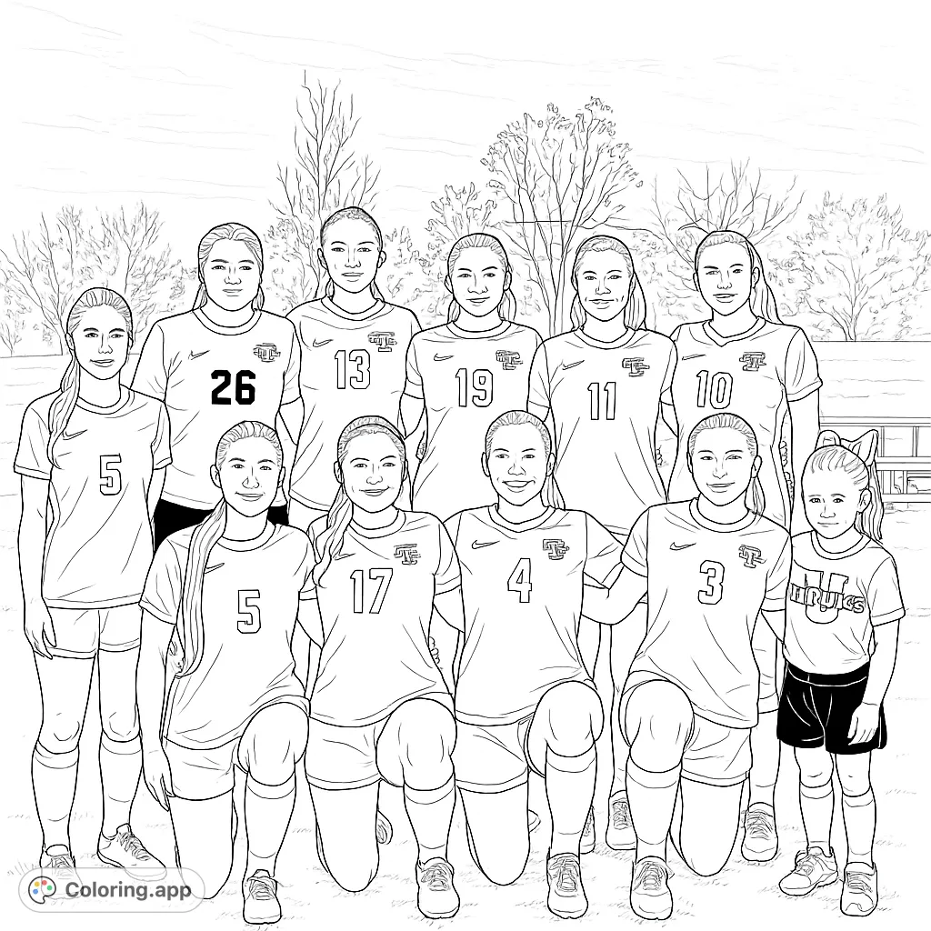A group of female soccer players and a young fan pose for a team photo on the field, ready for a fun coloring session.