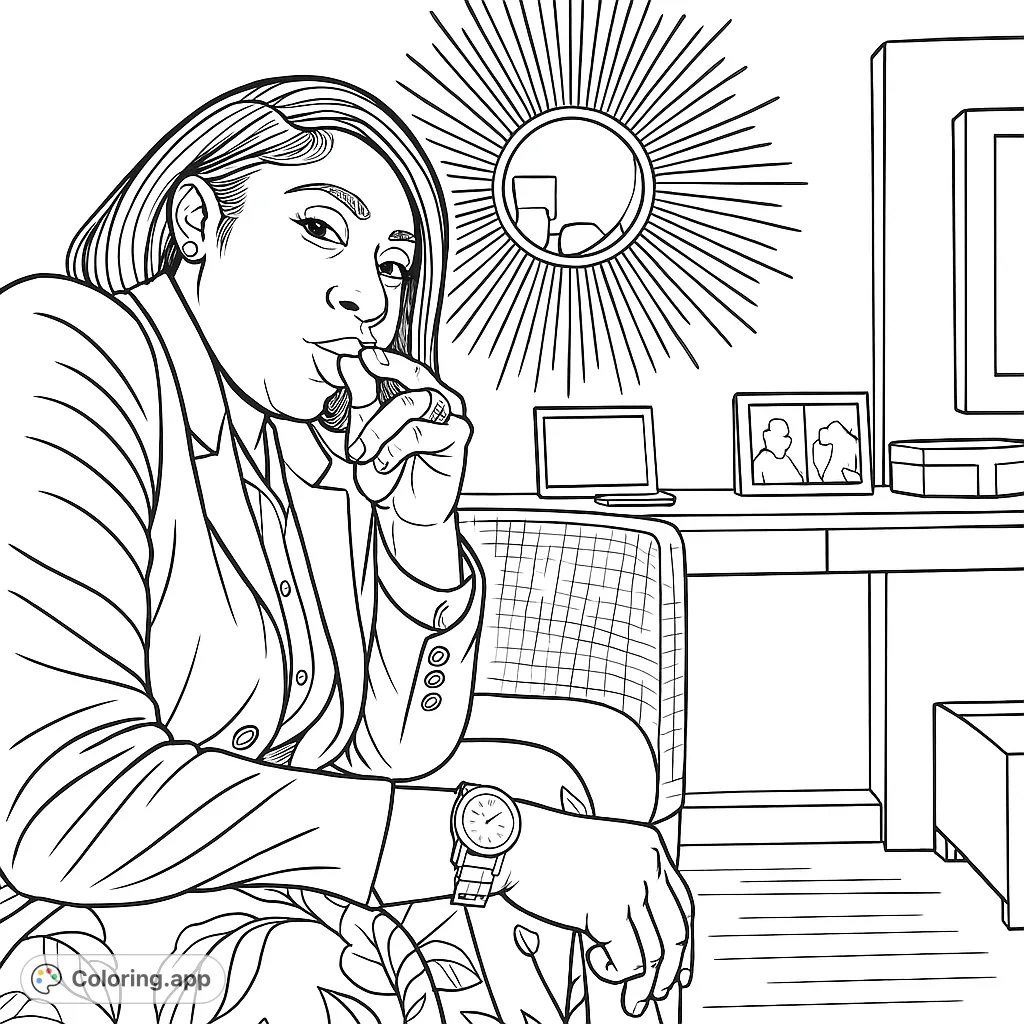 A sophisticated figure seated, holding a cigar, with a stylish blazer and floral trousers. Features a sunburst mirror and desk in the background.