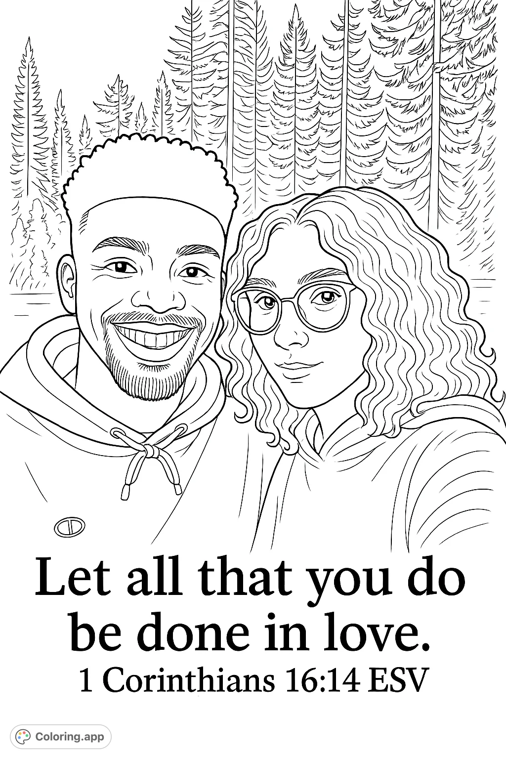 A heartwarming portrait of a smiling couple against a serene forest backdrop, perfect for expressing love and faith through creative coloring.