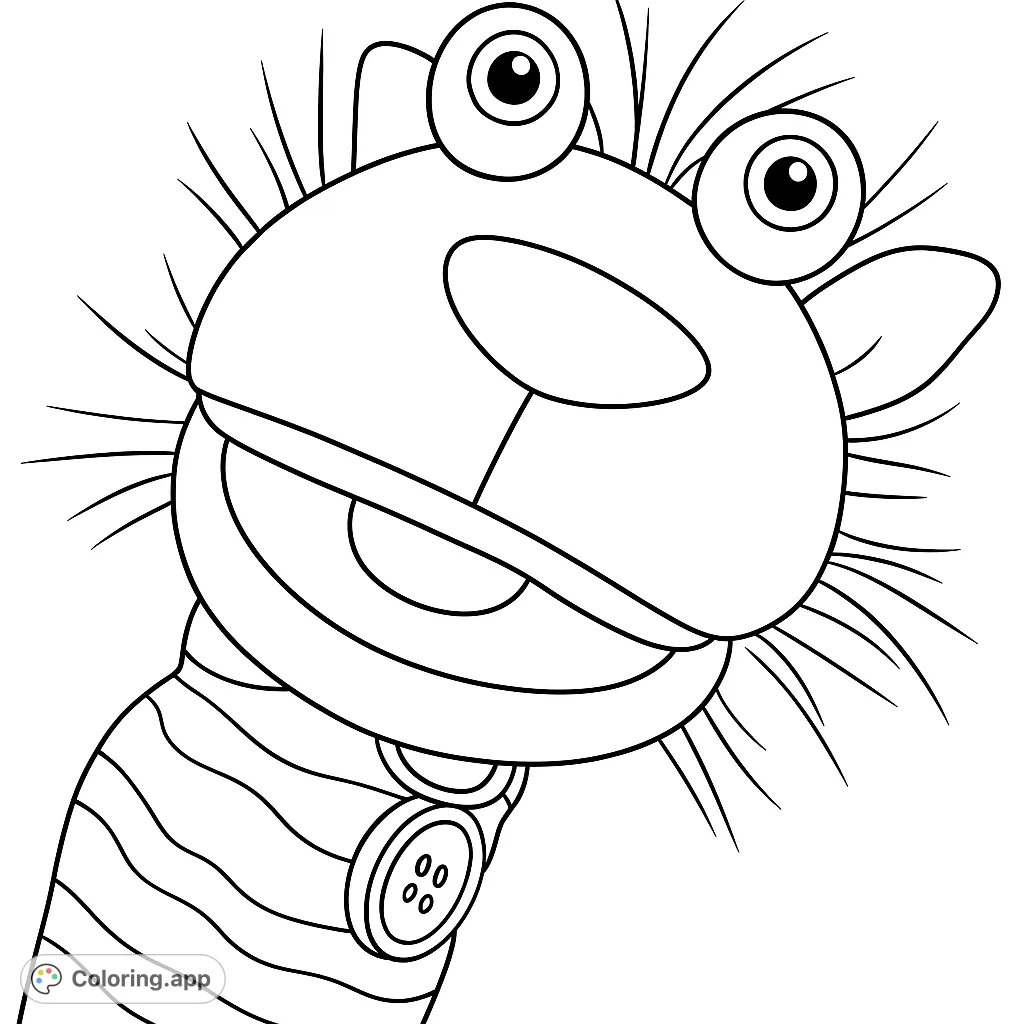 A delightful sock puppet creature with big eyes, spiky hair, and striped body, ready for a burst of imagination. Perfect for creative coloring fun!