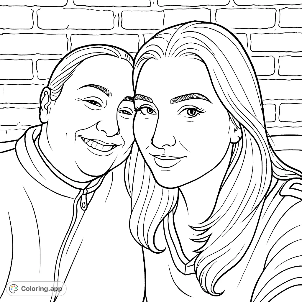 Capture the warmth of friendship with this portrait of two individuals against a brick wall. A heartwarming scene for coloring.