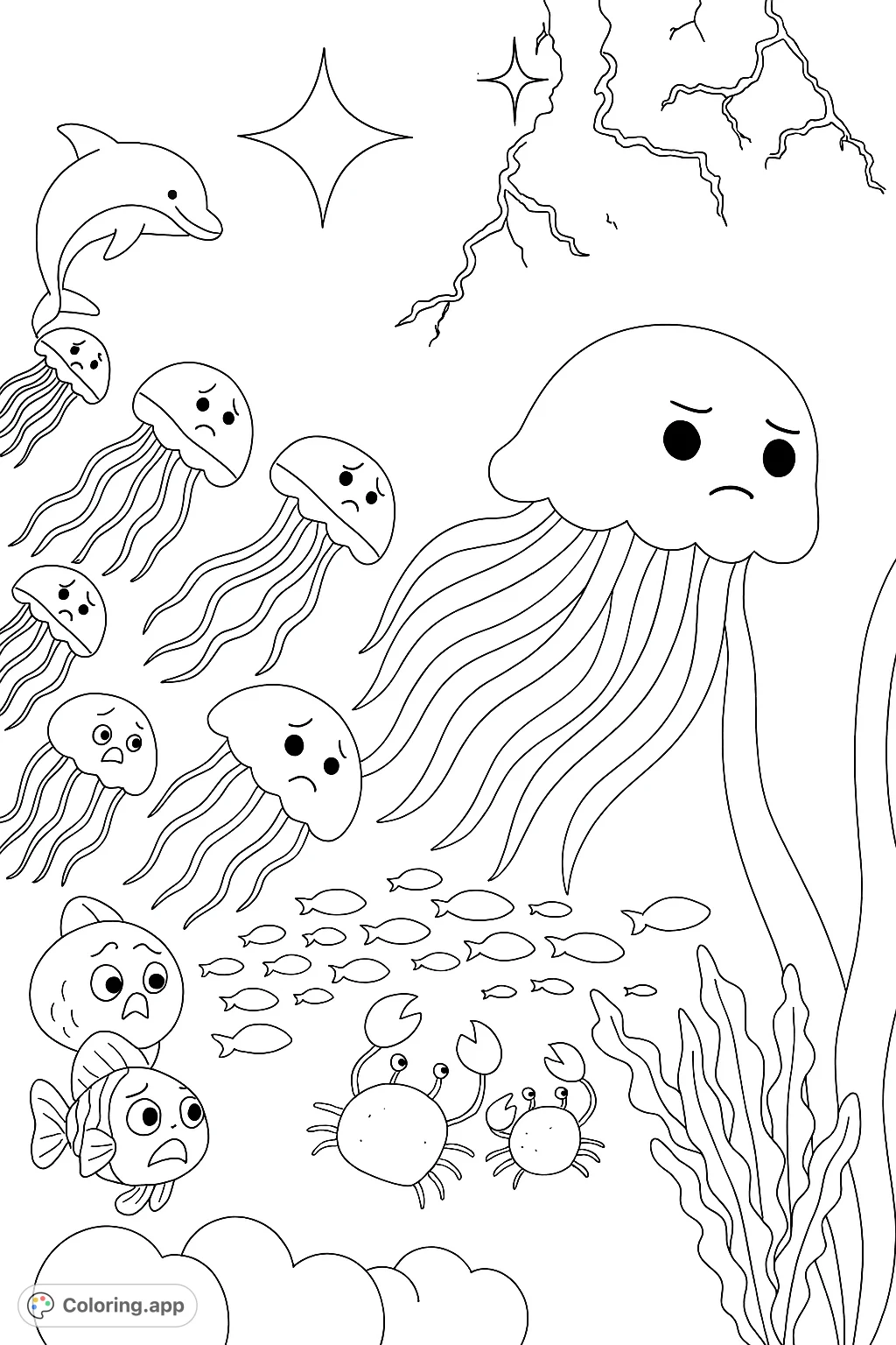 Explore a dramatic underwater scene with a large, glowing jellyfish and its worried ocean friends amidst lightning and seaweed. A captivating ocean adventure.