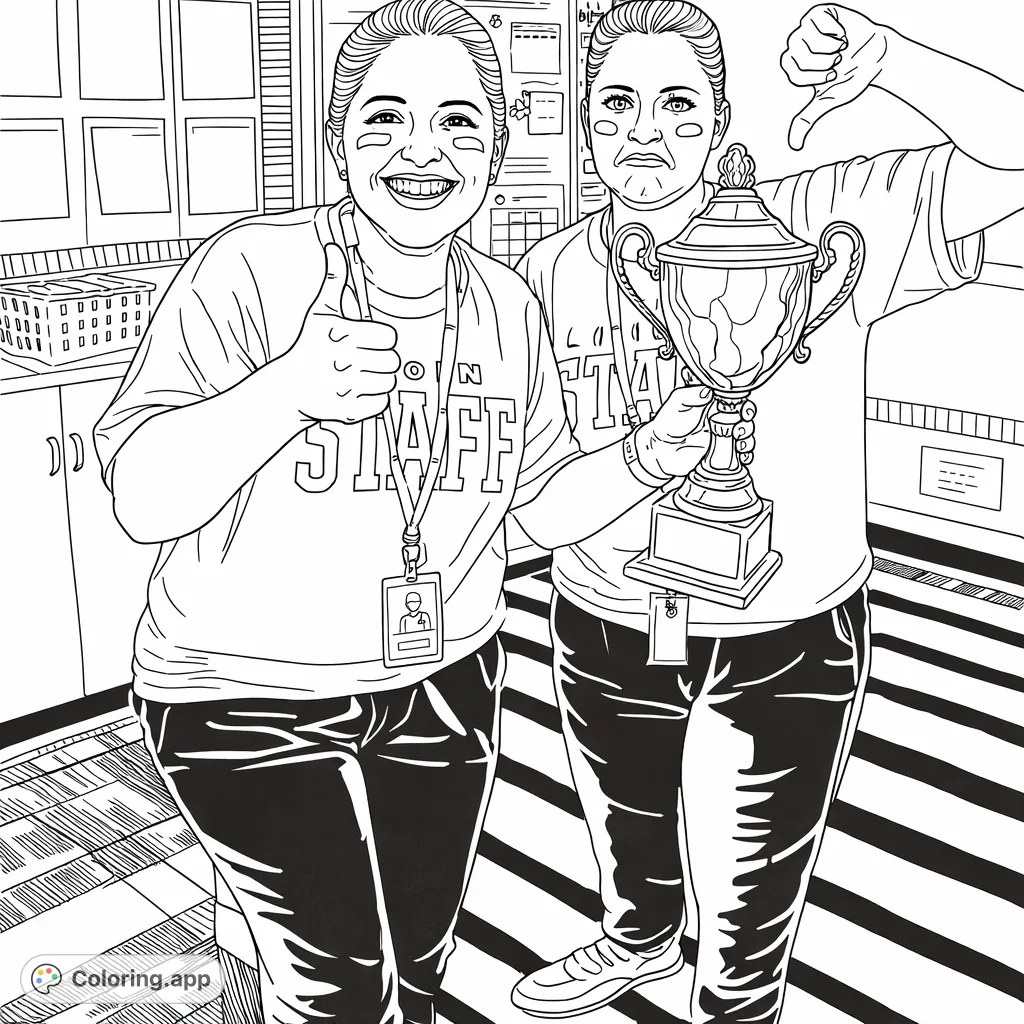 Two enthusiastic staff members in a classroom scene, one proudly displaying a trophy while the other gives a thumbs-up. Perfect for school-themed fun.