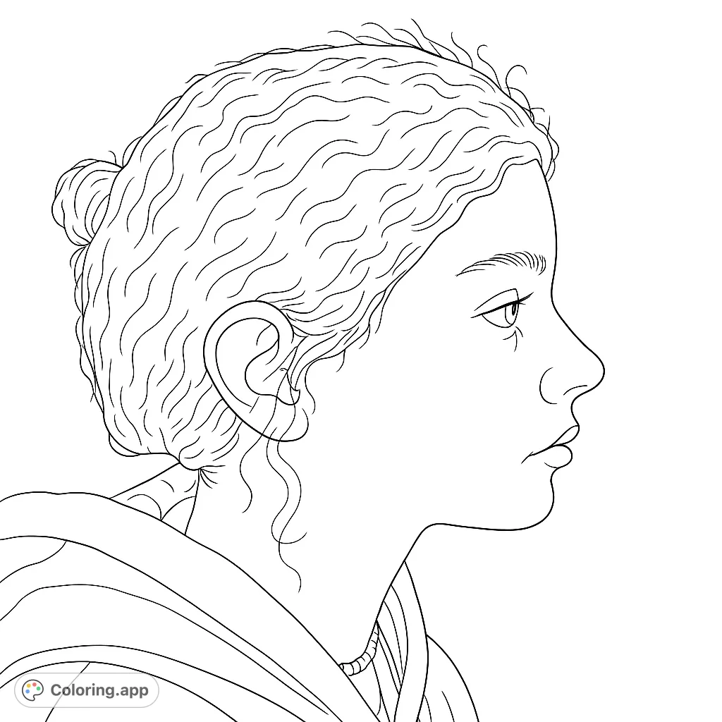 A detailed profile portrait of a young person with curly hair and a hooded sweatshirt, offering a serene and contemplative scene for coloring.