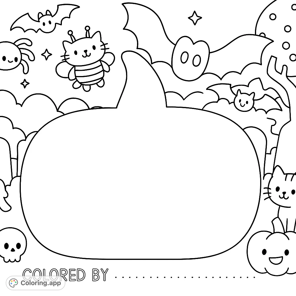 A delightful Halloween coloring page featuring a large central pumpkin surrounded by adorable bats, a spider, and playful cats in a spooky-cute setting.
