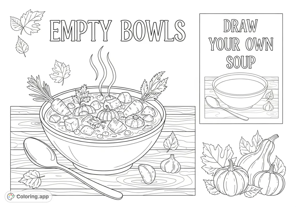 A cozy fall soup coloring page featuring a steaming bowl, autumn elements, "Empty Bowls" text, and a space for kids to draw their own soup.