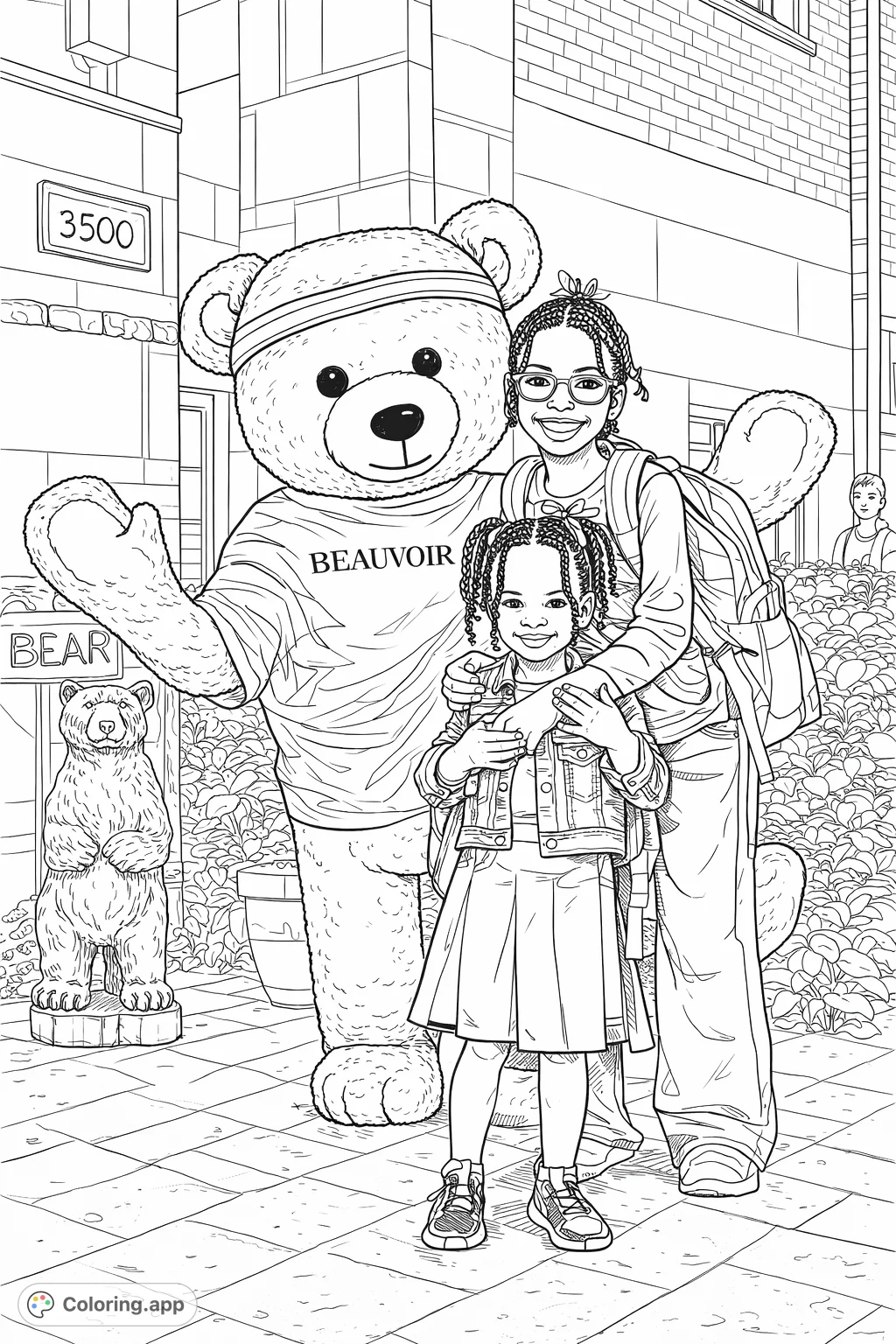 Join the friendly Beauvoir bear mascot and two cheerful students for a fun coloring adventure! A free printable Beauvoir coloring page for all ages.