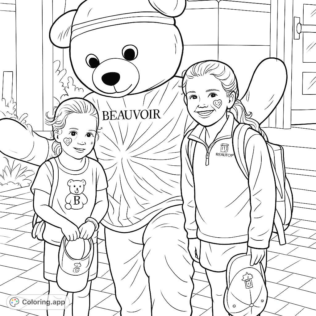 Join the BEAUVOIR bear mascot and two cheerful children, ready for a fun day. This BEAUVOIR coloring page captures school spirit and friendship, perfect for all ages.