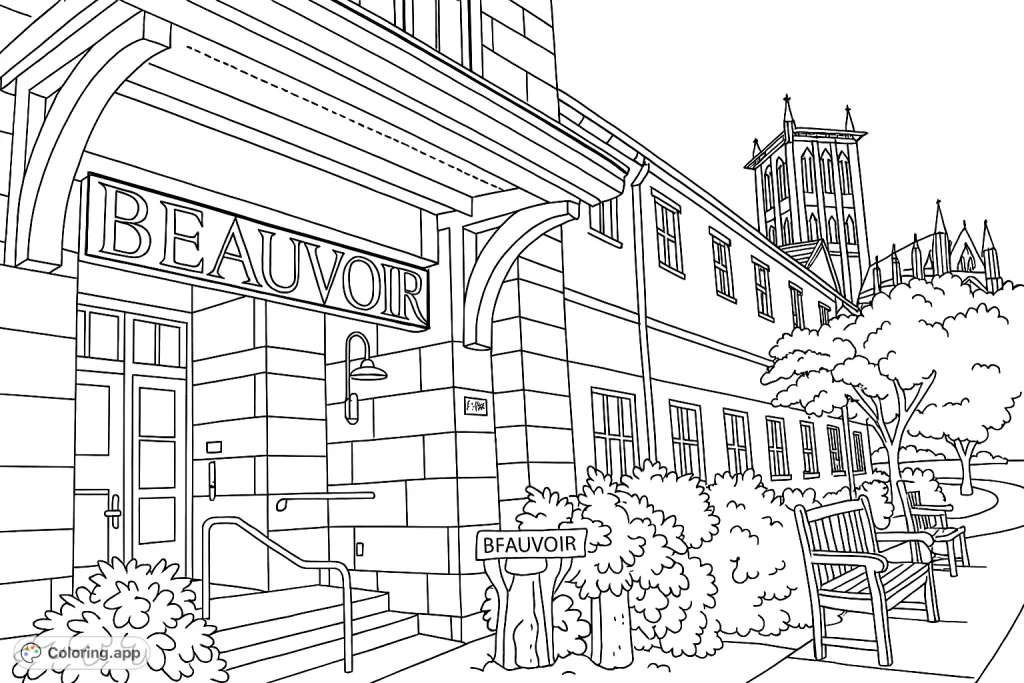 Color a detailed architectural scene featuring the Beauvoir building entrance, lush landscaping, and a majestic distant gothic tower under a cloudy sky.