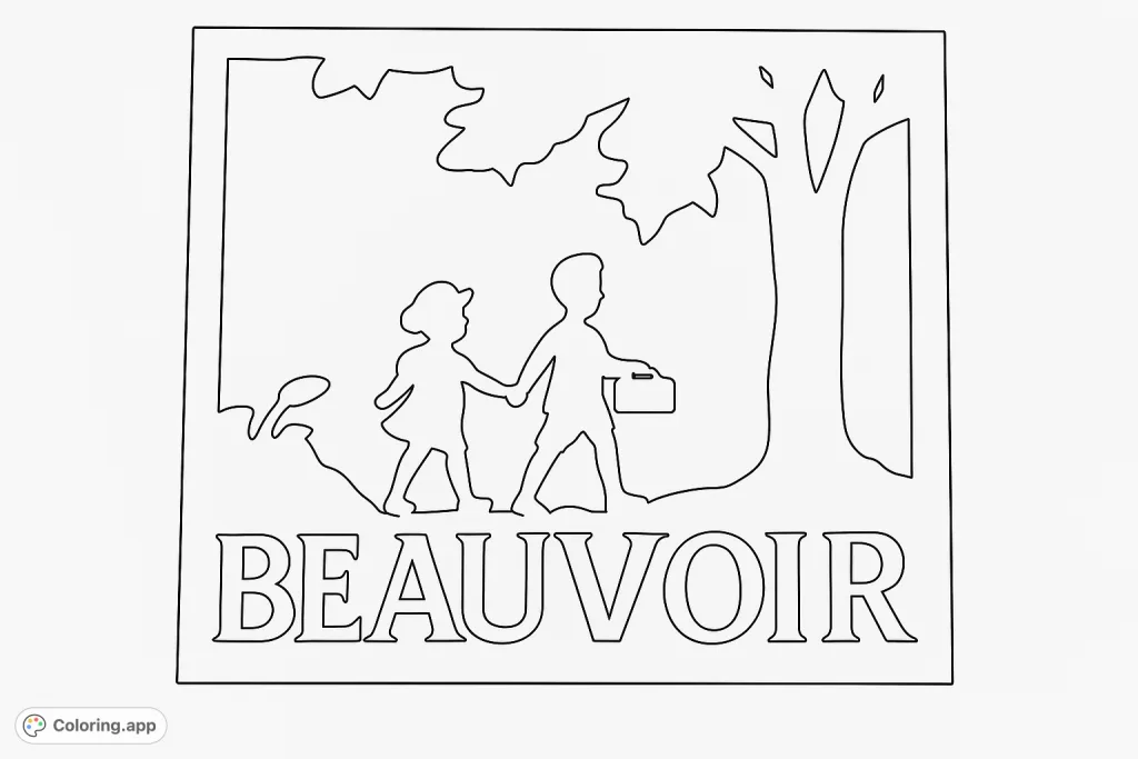 A charming coloring page featuring two children walking hand-in-hand under a large tree, with the word 'BEAUVOIR' at the base. Perfect for all ages.