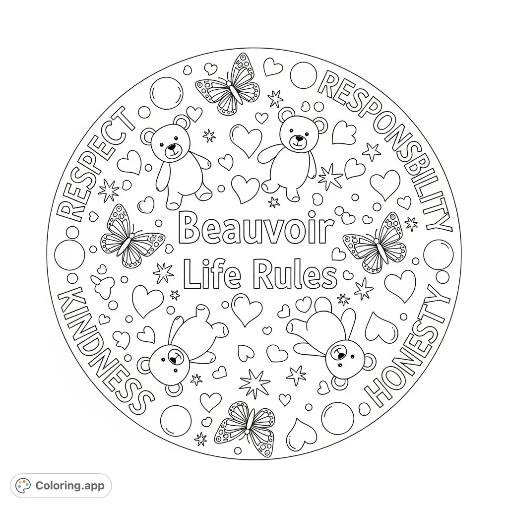 A positive Beauvoir Life Rules coloring page featuring 'RESPECT', 'RESPONSIBILITY', 'KINDNESS', 'HONESTY' in a circle, surrounded by bears, hearts, stars, and butterflies.