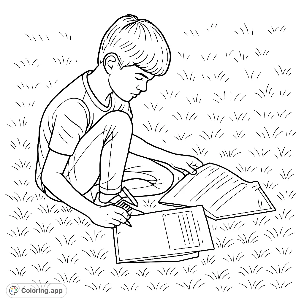 A young boy sits on grass, deeply focused on papers and a pencil. A perfect scene for quiet contemplation and learning.