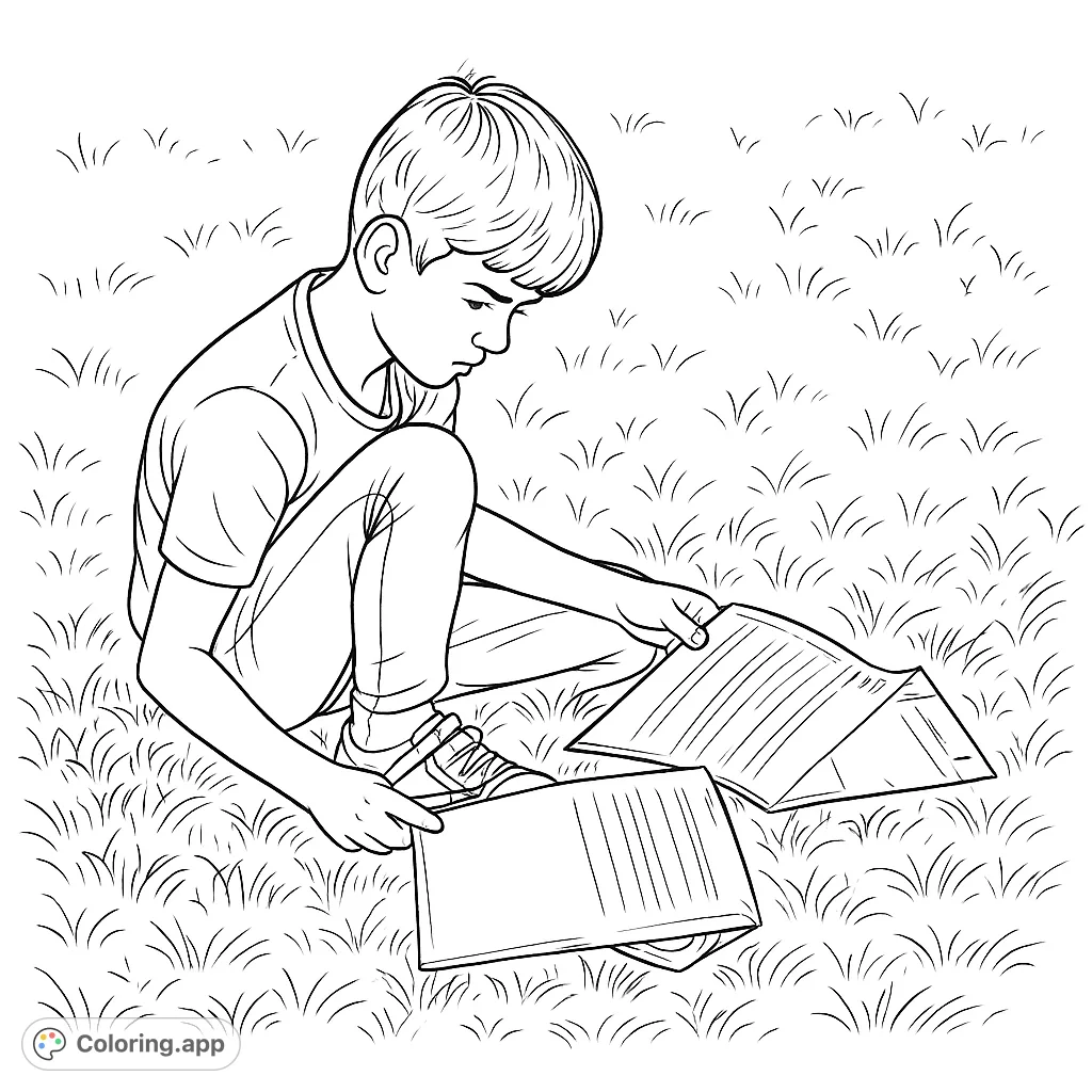 A focused boy sits on a grassy field, reading and writing on papers. Perfect for encouraging learning and outdoor themes.