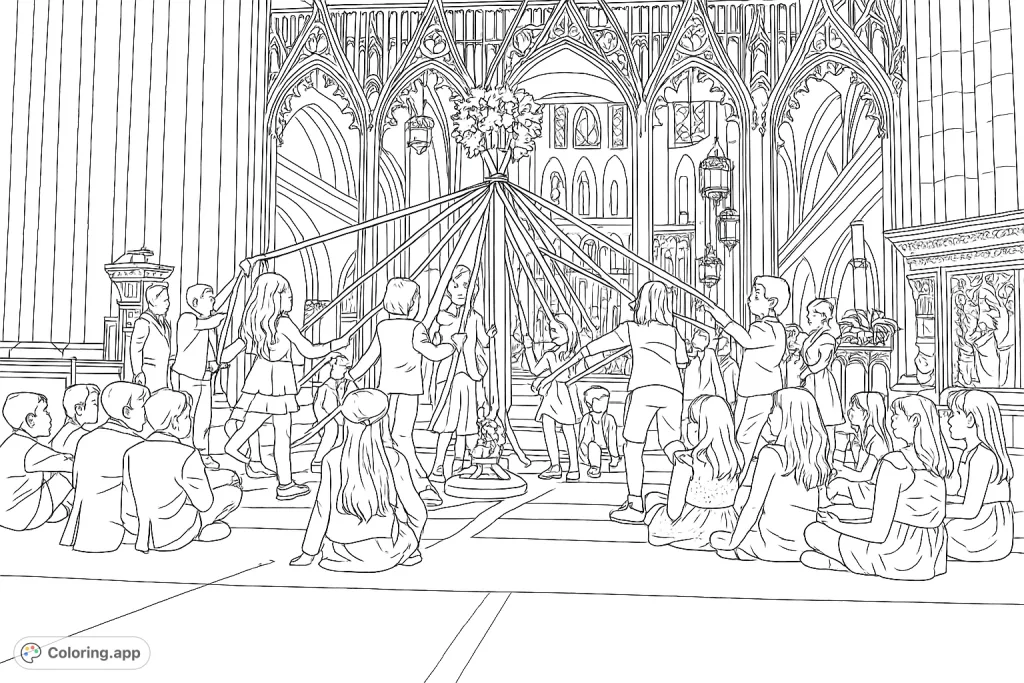 A delightful Maypole celebration featuring children dancing with ribbons in a grand hall, perfect for a festive coloring page.
