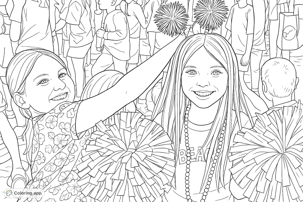Two cheerful girls with festive pom-poms and patterned attire smile brightly amidst a lively crowd, perfect for a fun celebration coloring page.