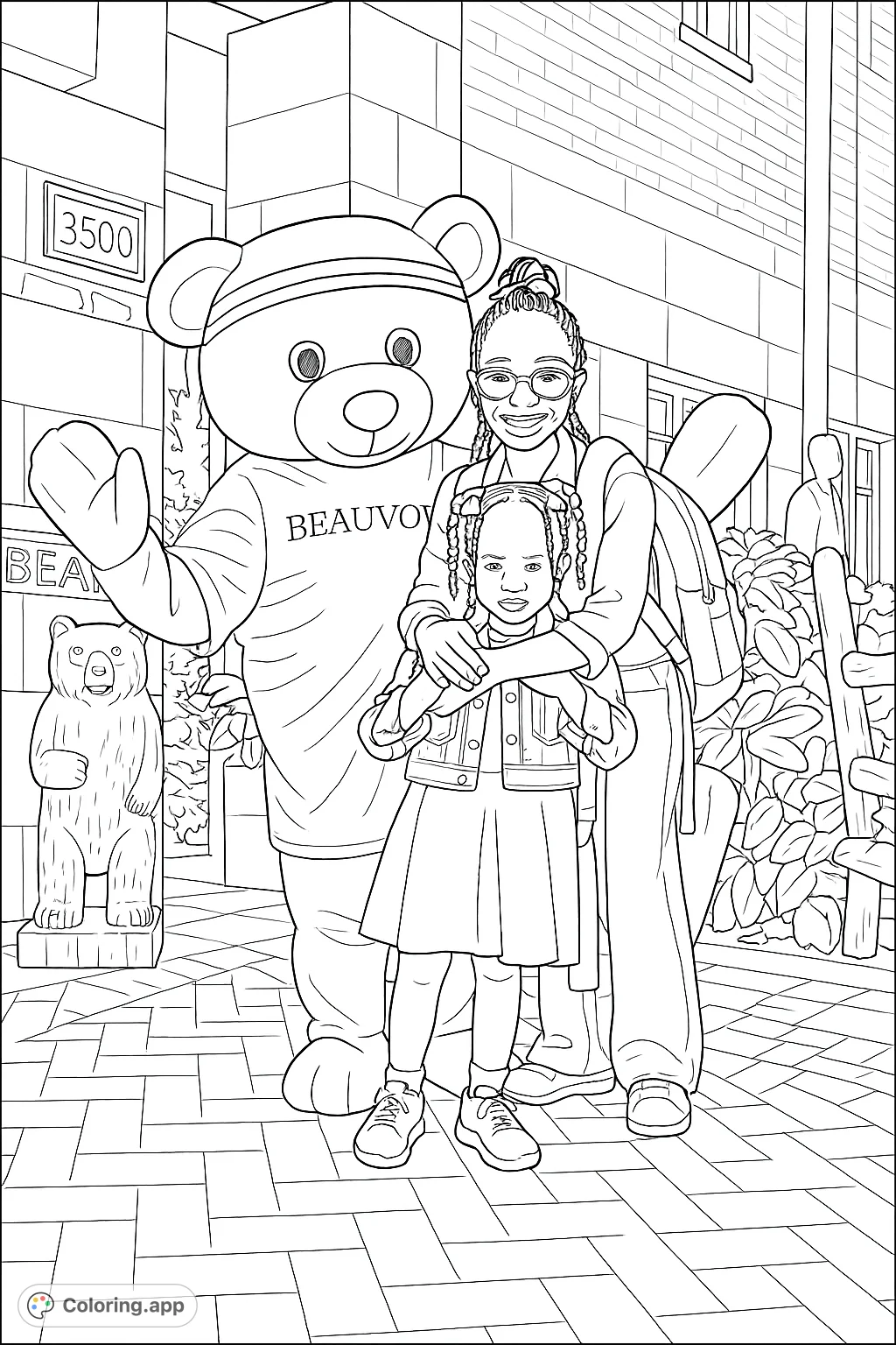 A heartwarming scene featuring a friendly bear mascot with two smiling girls, ready for a fun day. Perfect for school-themed coloring.