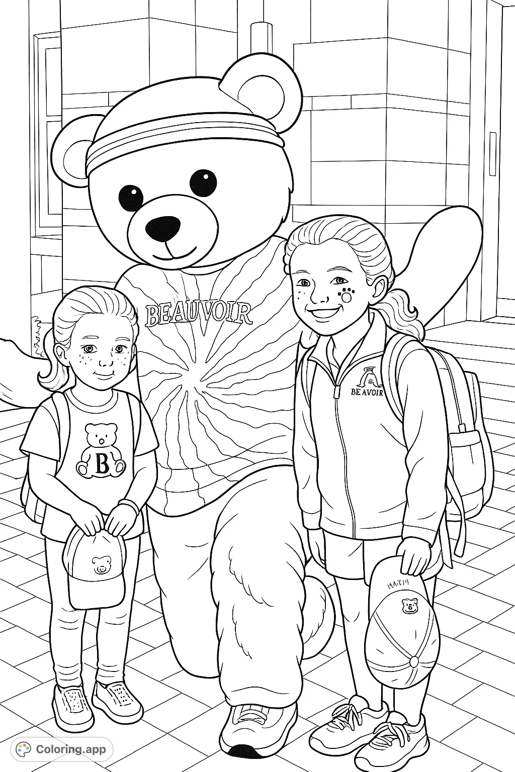 A cheerful bear mascot kneels with two smiling girls, ready for a fun coloring adventure. Features a friendly bear and children with school spirit.