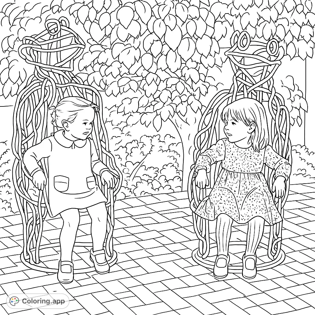 Two playful girls sit in unique bear sculptures, surrounded by a charming outdoor setting. A delightful scene for creative coloring.