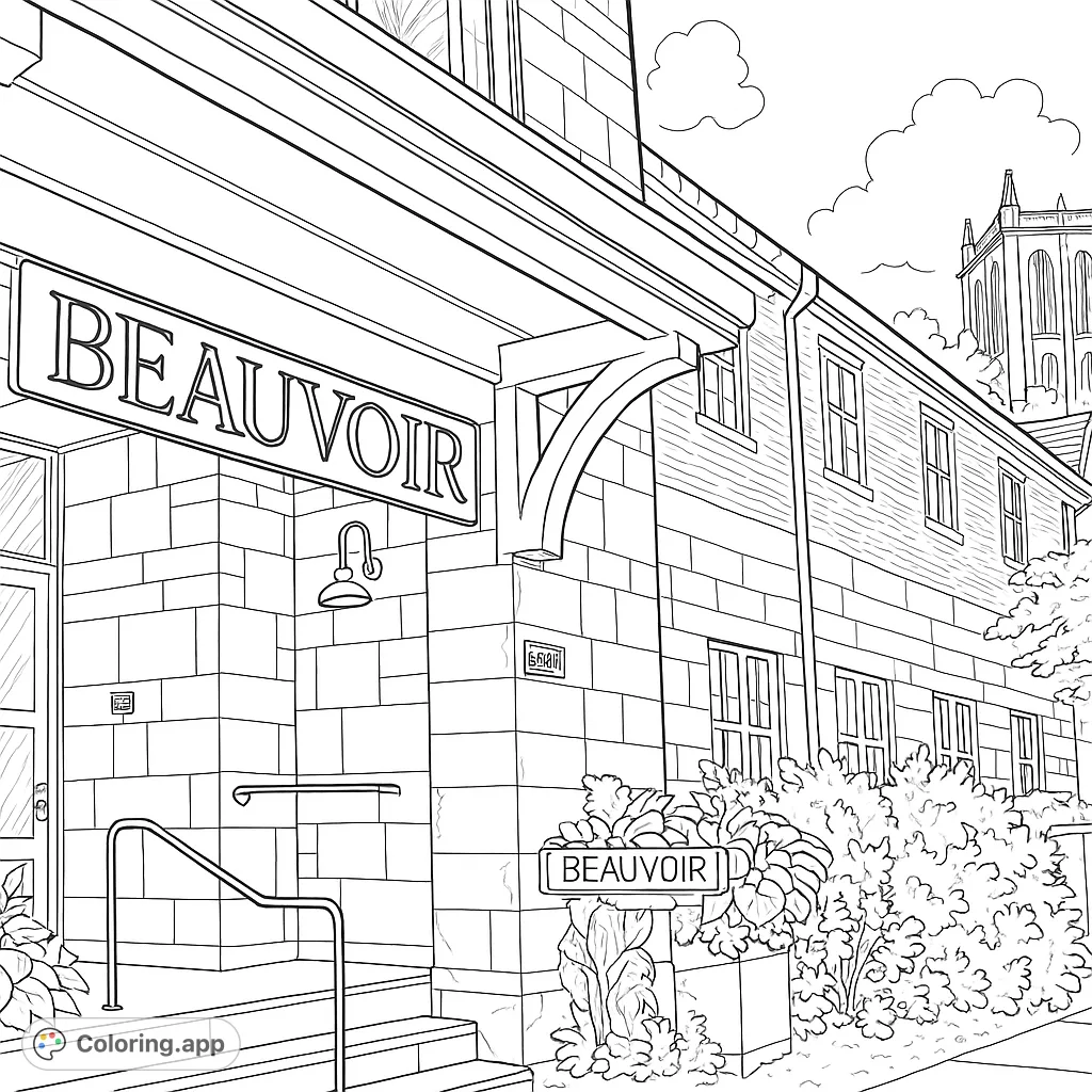 Explore the detailed Beauvoir building entrance, featuring stone architecture, lush plants, a carved bear, and a distant gothic tower. A captivating scene for all ages.
