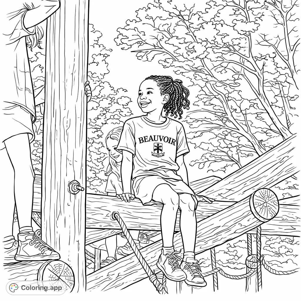 Dive into a joyful playground adventure! A smiling girl on a rustic wooden structure, surrounded by friends and nature, ready for imaginative coloring fun.