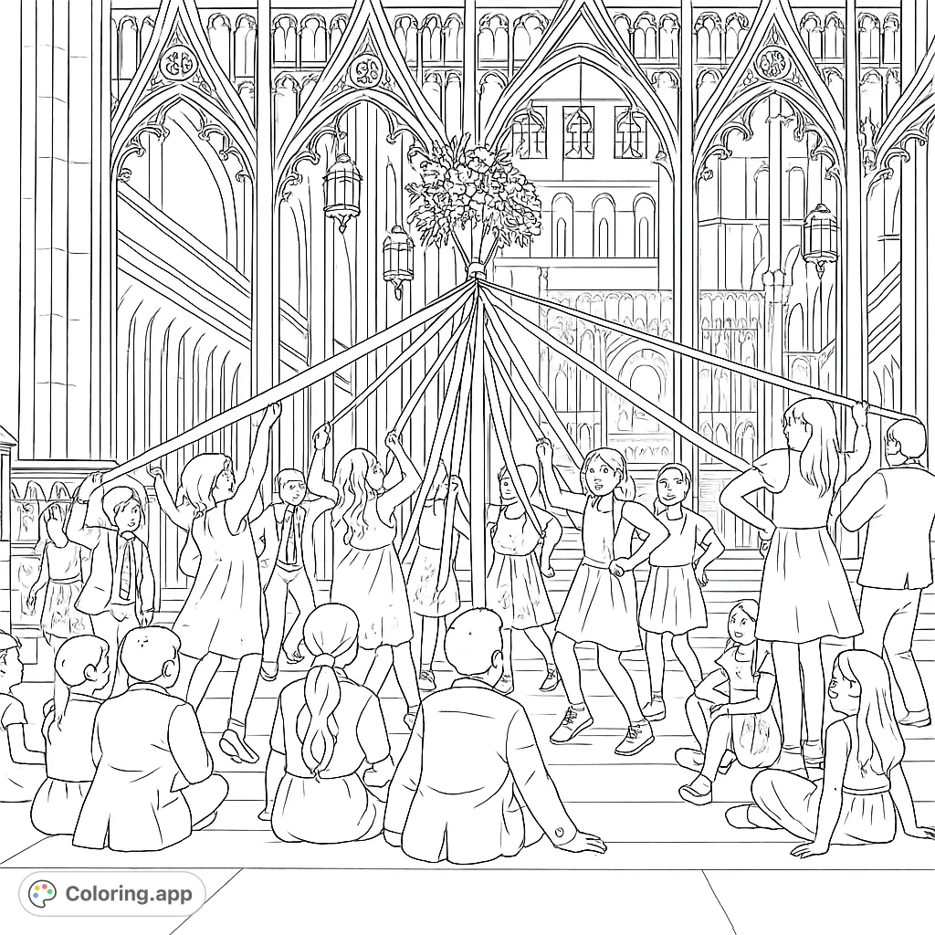 A festive maypole dance scene with children and intricate Gothic architecture, perfect for a detailed coloring experience. A beautiful spring festival coloring page.