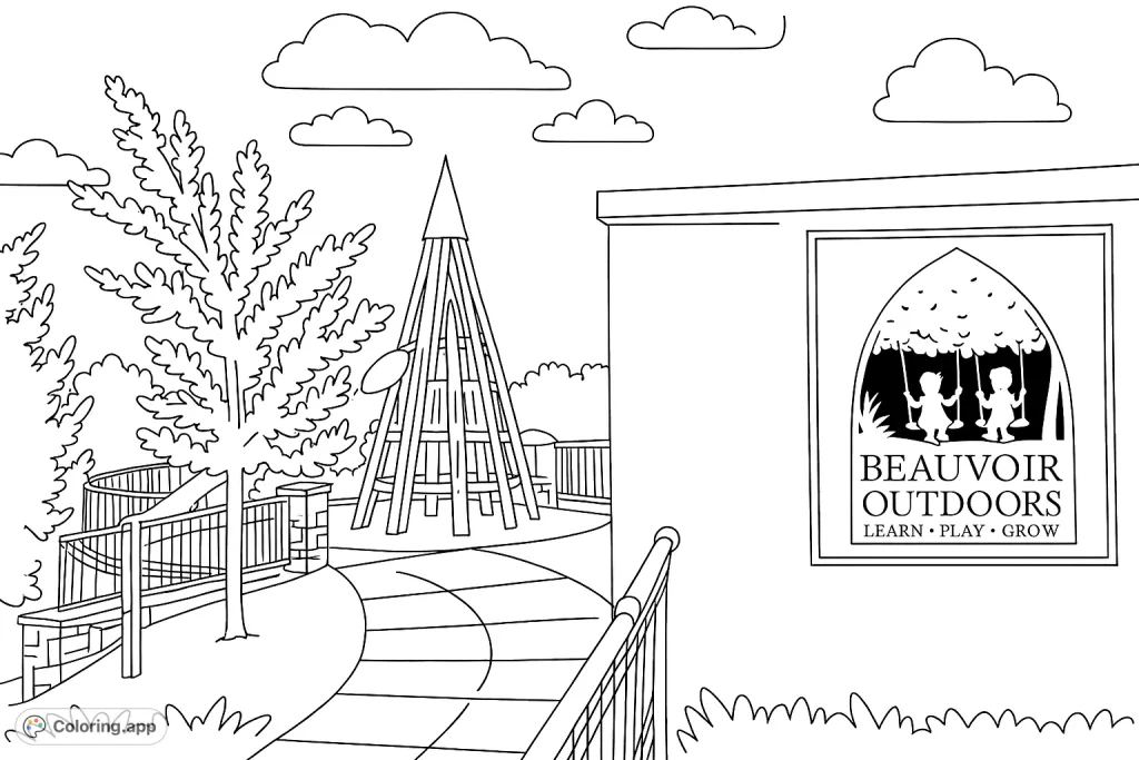 A detailed outdoor park scene featuring a unique wooden play tower, a commemorative plaque with children on swings, and lush trees under a cloudy sky.