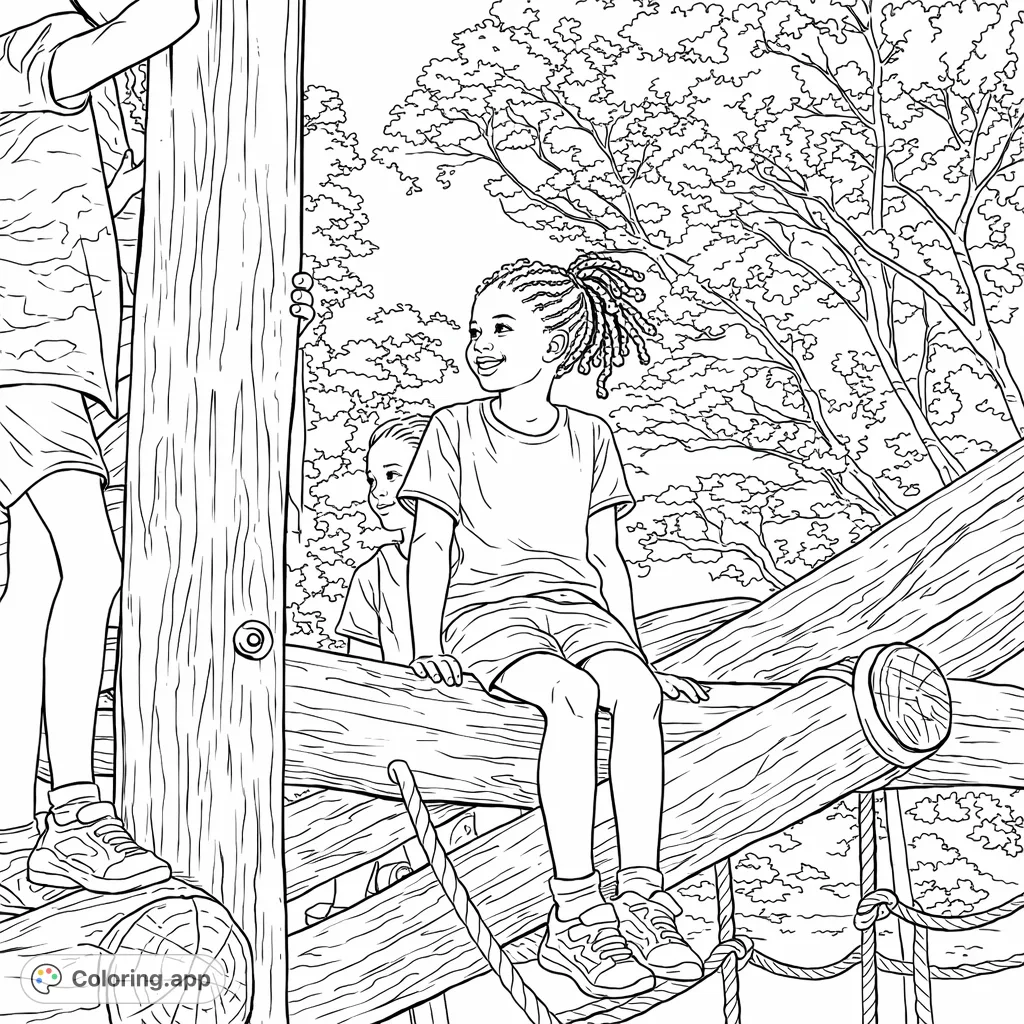 A joyful girl enjoys an adventure on a wooden playground with friends. This free printable playground coloring page captures childhood fun.