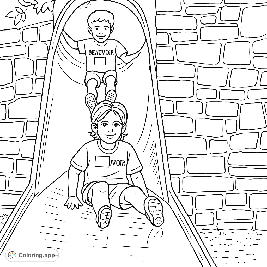 Two joyful boys on a playground slide, one at the bottom and one emerging from a tunnel, set against a stone wall. A fun playtime scene.