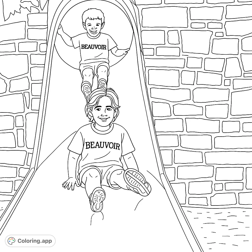 Capture the joy of childhood with this playground slide coloring page. Two happy children enjoy a thrilling ride down a wide slide, set against a textured stone wall.