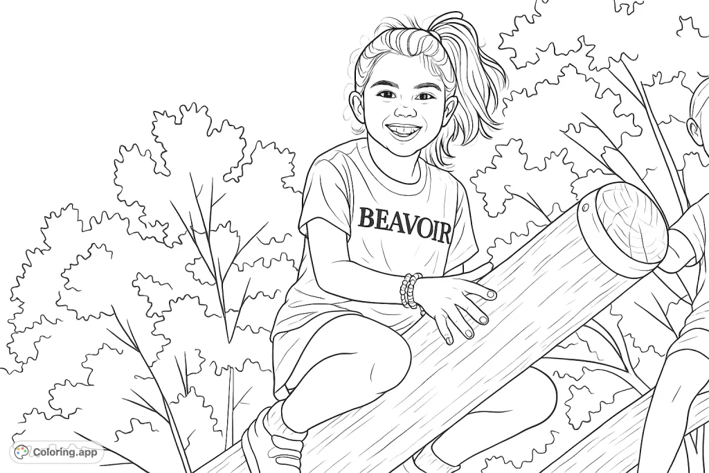 A cheerful girl sits on a large wooden log, smiling brightly amidst a leafy outdoor setting. Perfect for a fun, nature-themed coloring adventure.