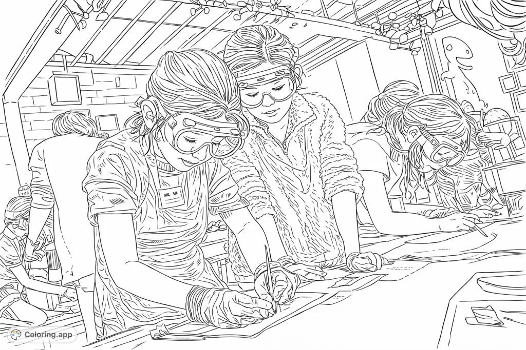 Join young scientists in a hands-on workshop! Two children wear goggles and gloves, meticulously working on a project at a craft table. Perfect for inspiring scientific curiosity.