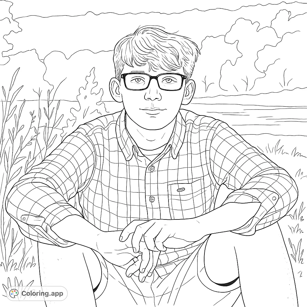 A relaxed teenager in glasses and a plaid shirt sits outdoors, offering a casual scene for creative coloring. Perfect for personal expression.