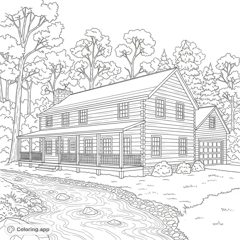 Color a charming log cabin with a wrap-around porch and garage, nestled by a flowing creek and dense woods. A serene nature scene for all ages.
