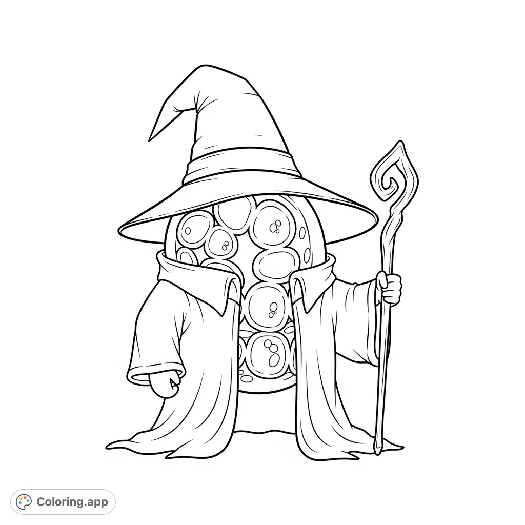A whimsical lysosome dressed as a wizard, holding a magic staff, ready for a scientific adventure. Perfect for science enthusiasts.
