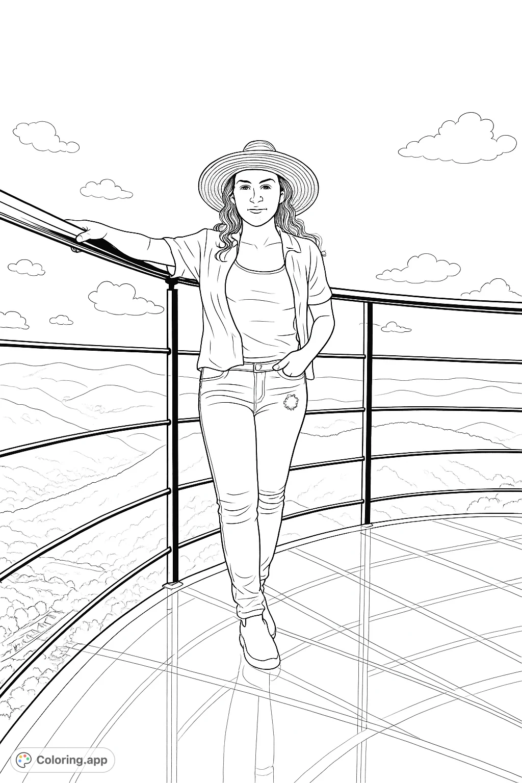 A stylish woman poses on a glass platform overlooking majestic mountains. Perfect for a relaxing coloring experience, capturing a moment of serene beauty.