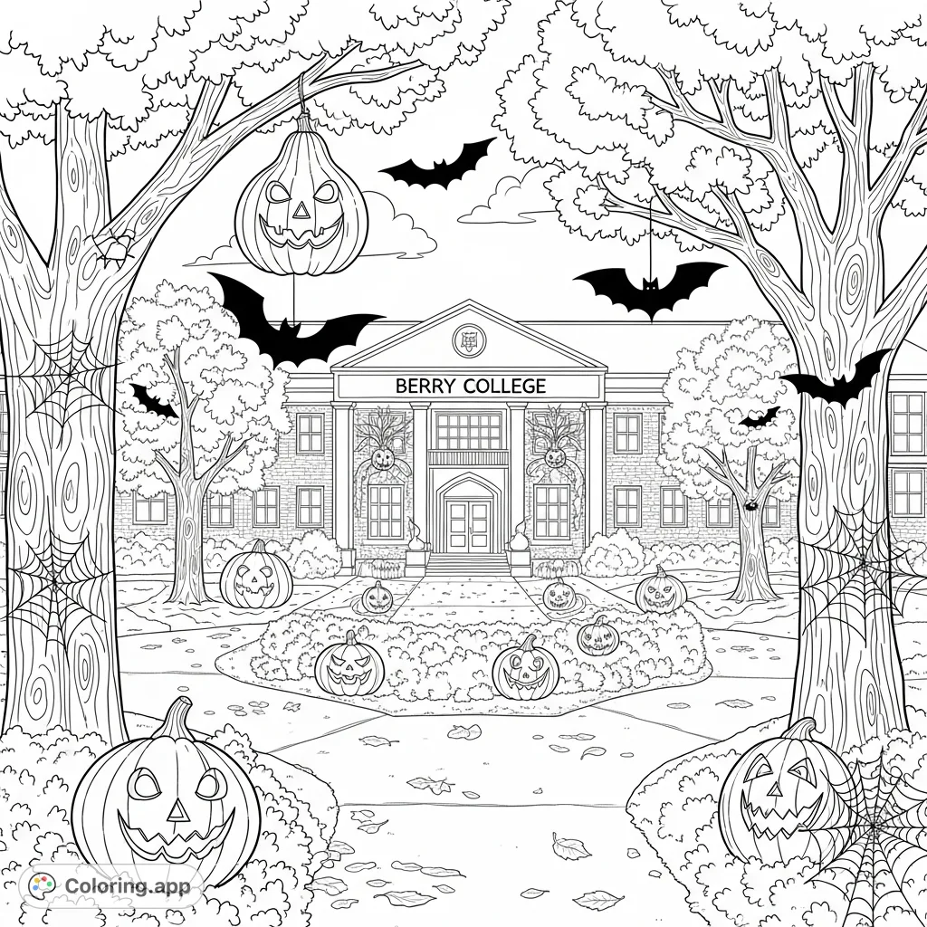 Explore a festive Berry College campus on Halloween, adorned with pumpkins, bats, and spiderwebs. A perfect free printable Halloween coloring page!