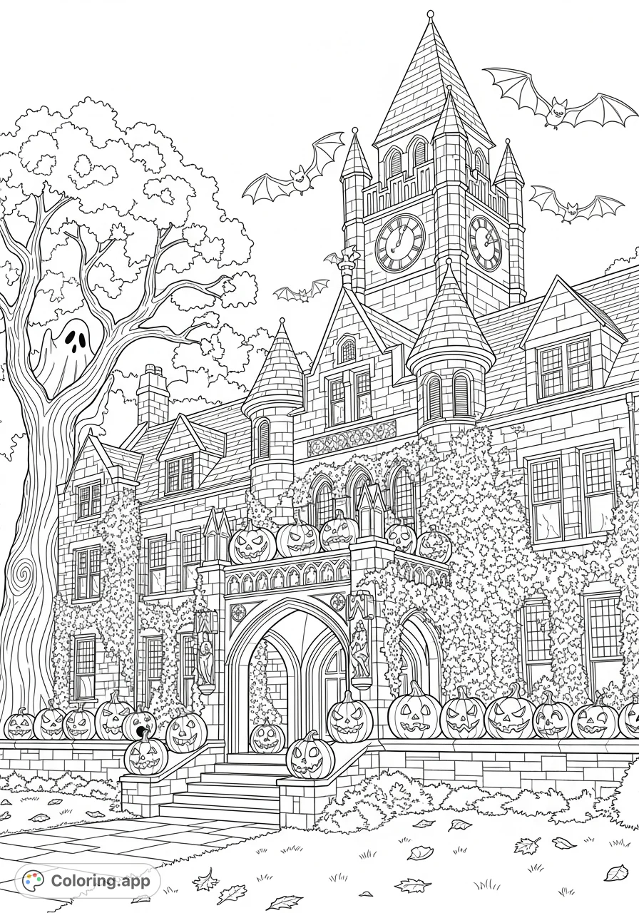 A festive Berry College Halloween scene featuring iconic architecture adorned with spooky yet charming decorations, perfect for a fun coloring activity.