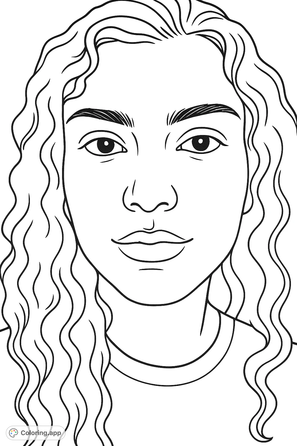 A captivating portrait of a woman with expressive eyes and flowing curly hair, offering a canvas for creative expression and detailed coloring.