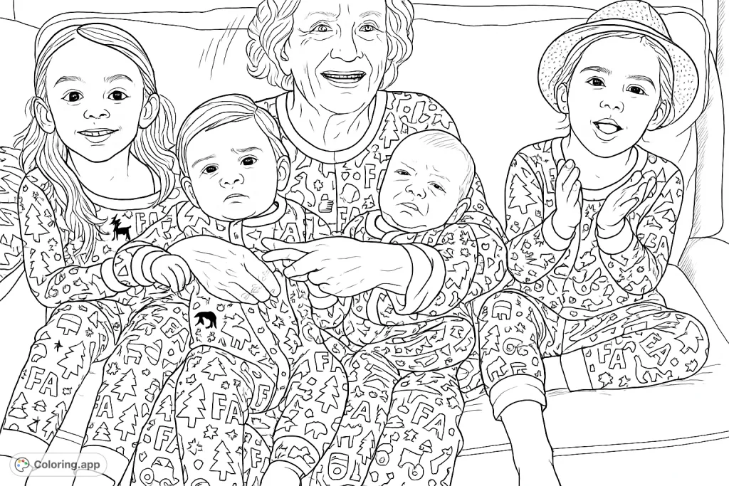 A heartwarming family portrait featuring an older woman, two young girls, and two infants in festive, patterned pajamas, ready for a cozy celebration.