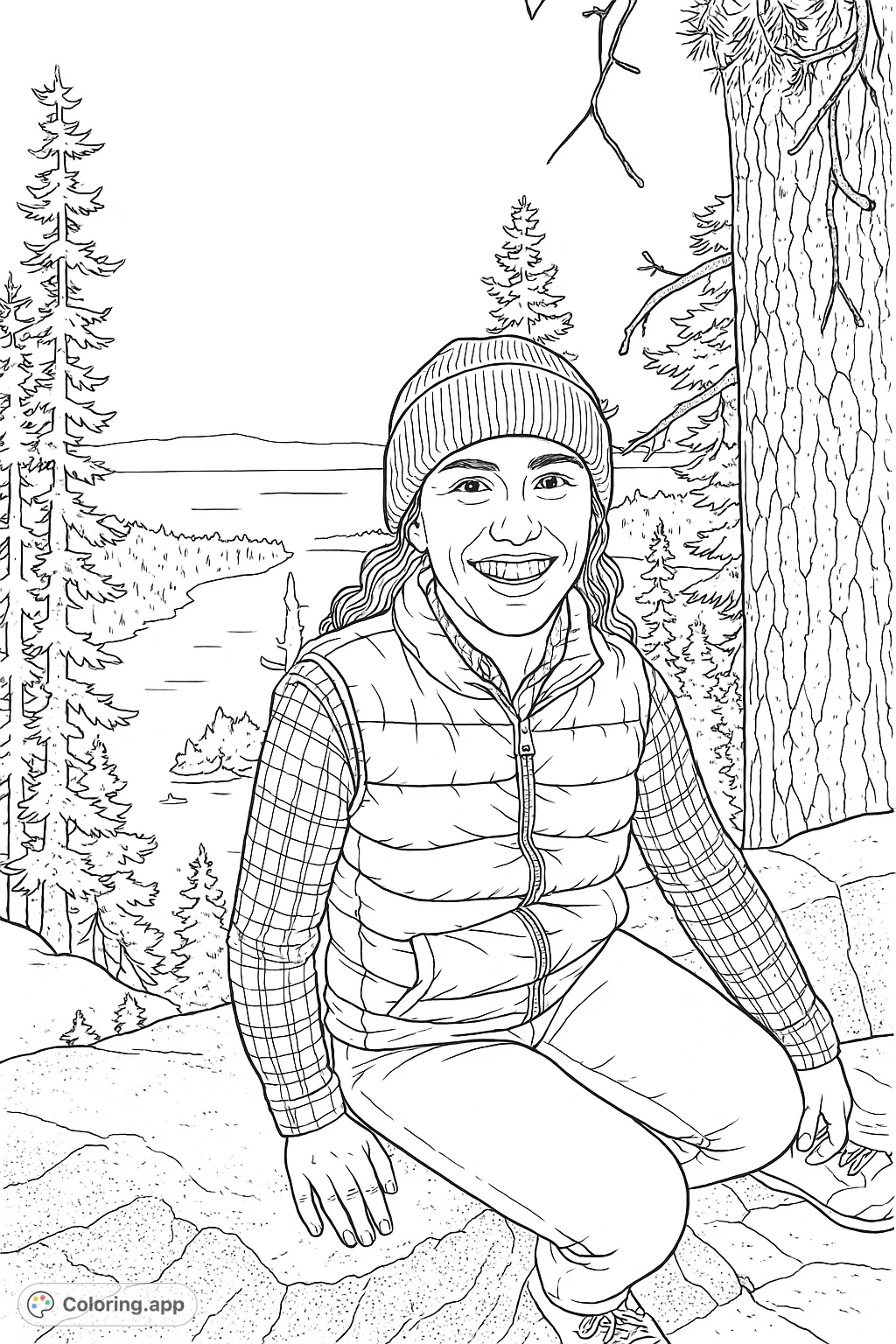 A cheerful hiker enjoys a stunning mountain lake vista, surrounded by pine trees and rugged rocks. Perfect for nature lovers and outdoor enthusiasts.