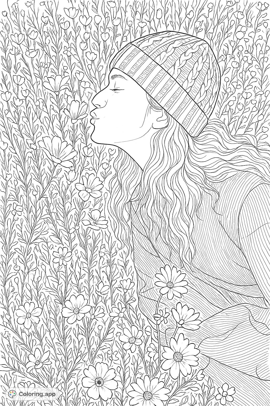 A serene coloring page featuring a person in a vast field of delicate flowers, perfect for detailed coloring and relaxation.