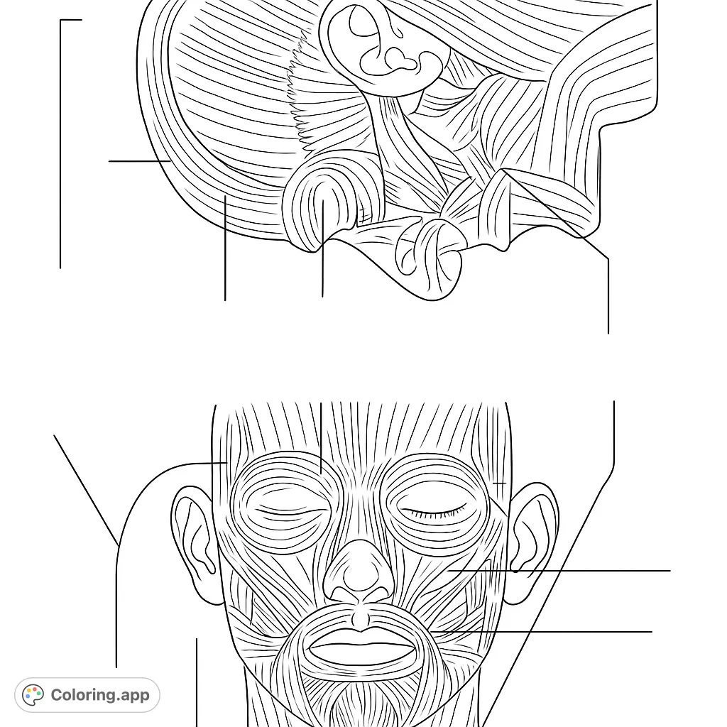 Explore the intricate human head and neck muscles with this detailed anatomy coloring page, perfect for students and enthusiasts.