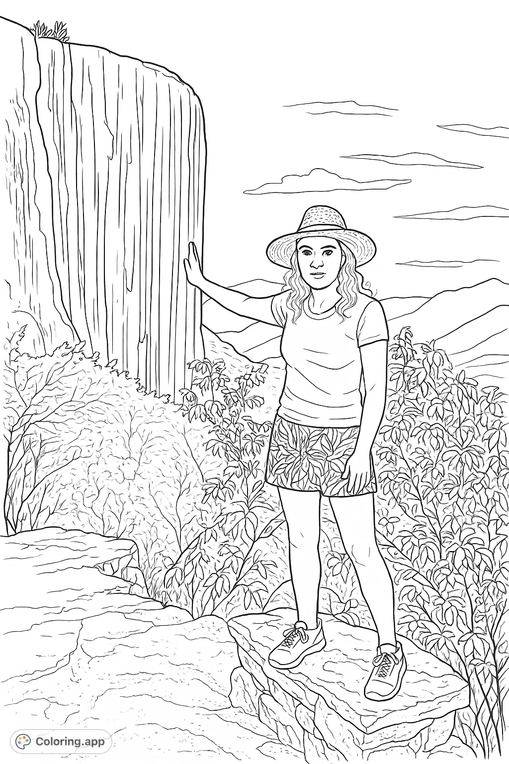Explore a scenic mountain vista featuring a hiker beside a towering rock formation and lush foliage. A perfect nature adventure coloring page.