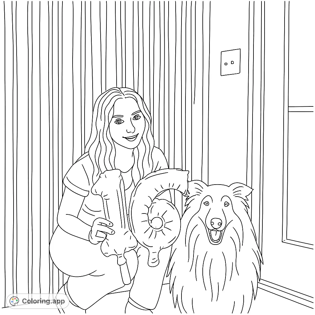 Celebrate a special birthday with this charming coloring page featuring a young woman, her loyal dog, and festive number balloons against a shimmering backdrop.